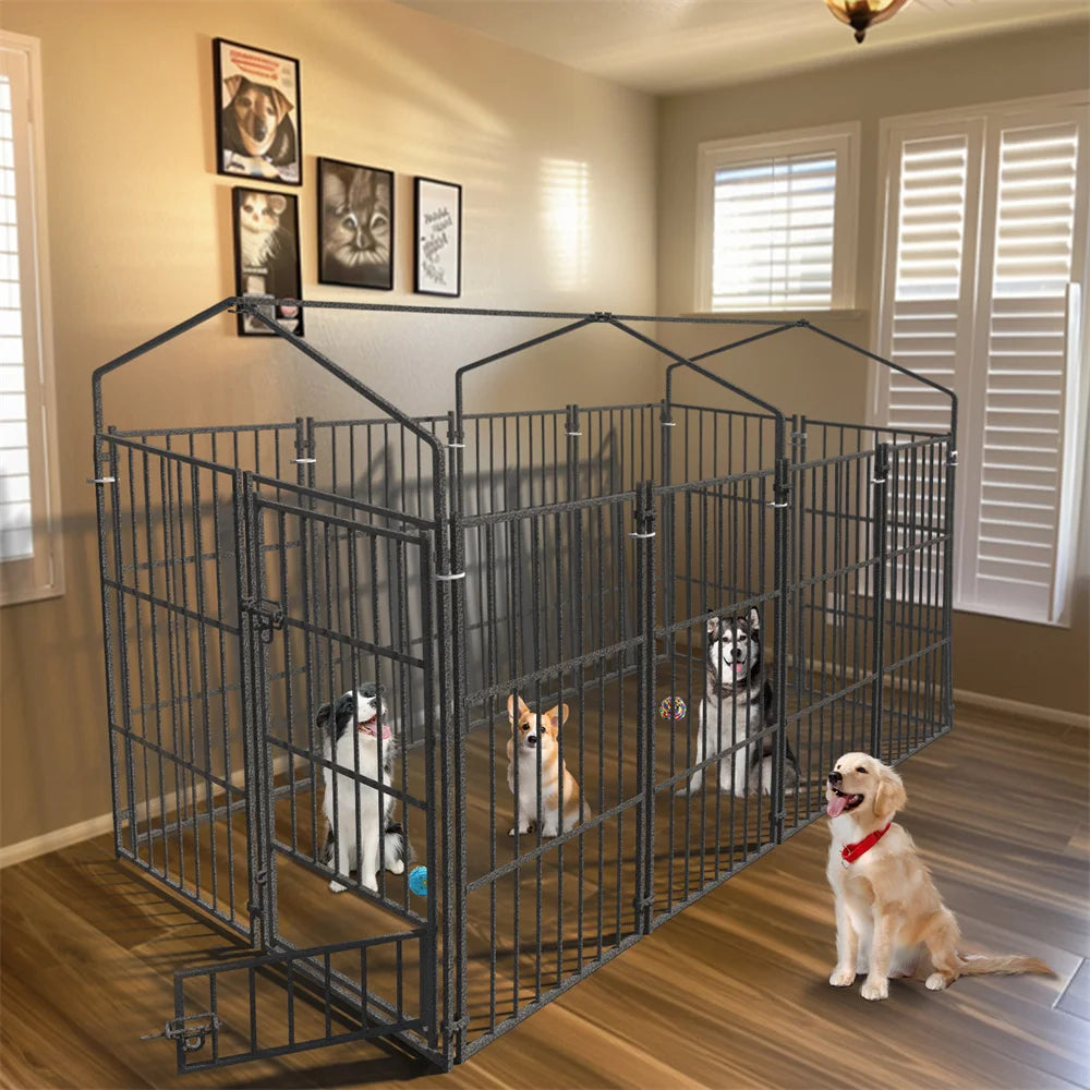 Enclos pour chien utilisé en intérieur avec grand espace, adapté à plusieurs animaux.