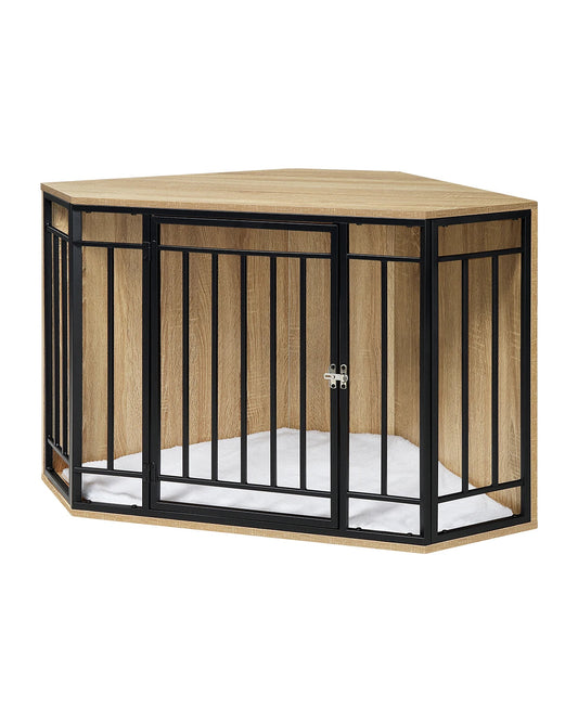 Cage pour chien d’intérieur en bois et métal avec coussin blanc – vue principale vide