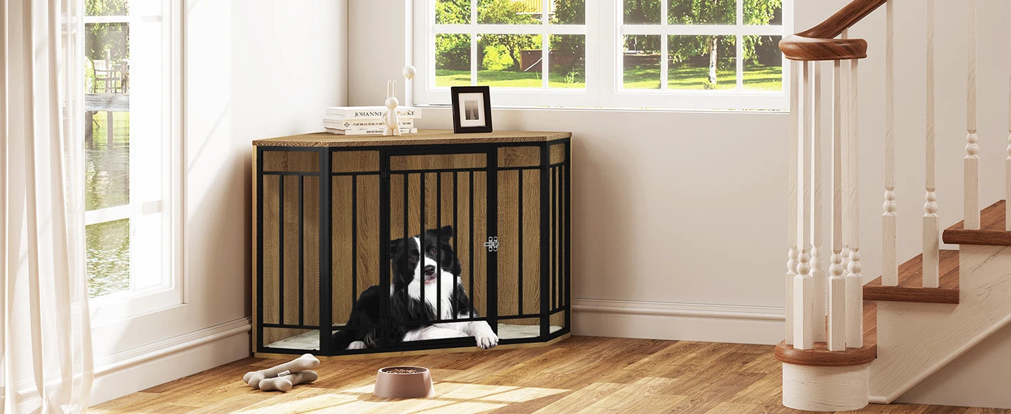 Cage pour chien en bois et métal dans une entrée lumineuse – design moderne avec un chien qui se repose dans la cage