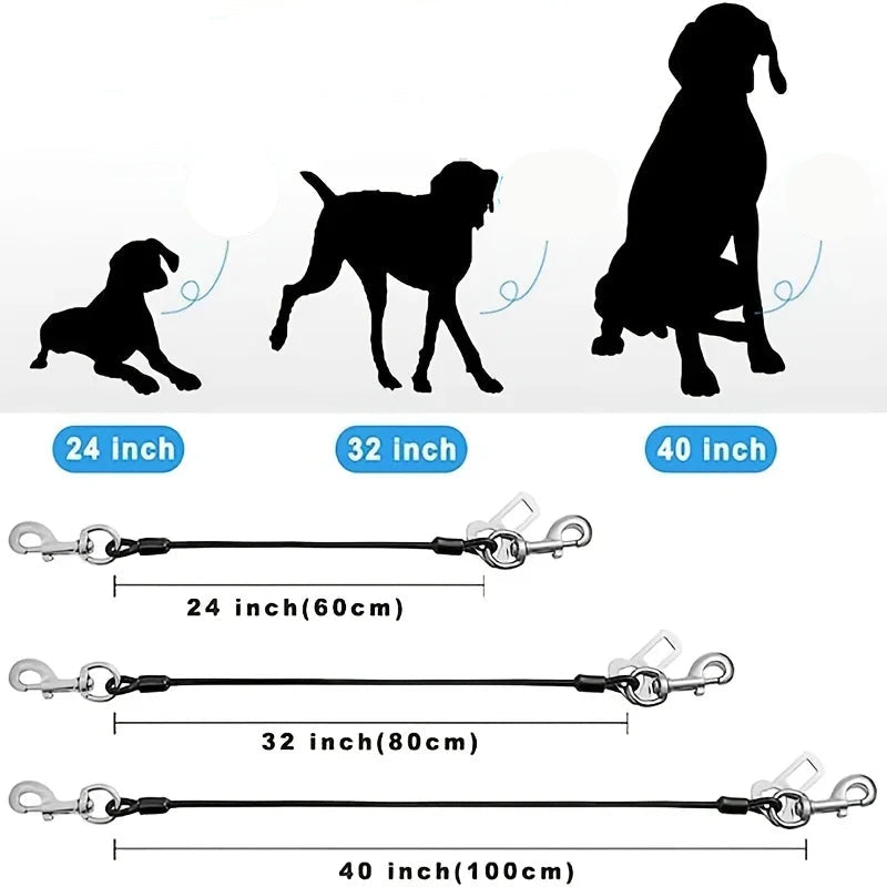 guide des tailles de la ceinture de sécurité pour chien, disponible en 60 cm, 80 cm et 100 cm