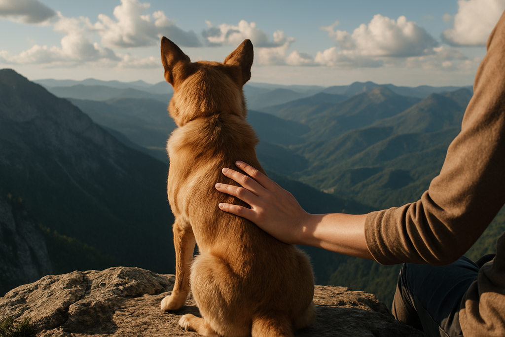 Chien assit de dos en haut d'une montagne avec une main de femme sur son dos qui le caresse