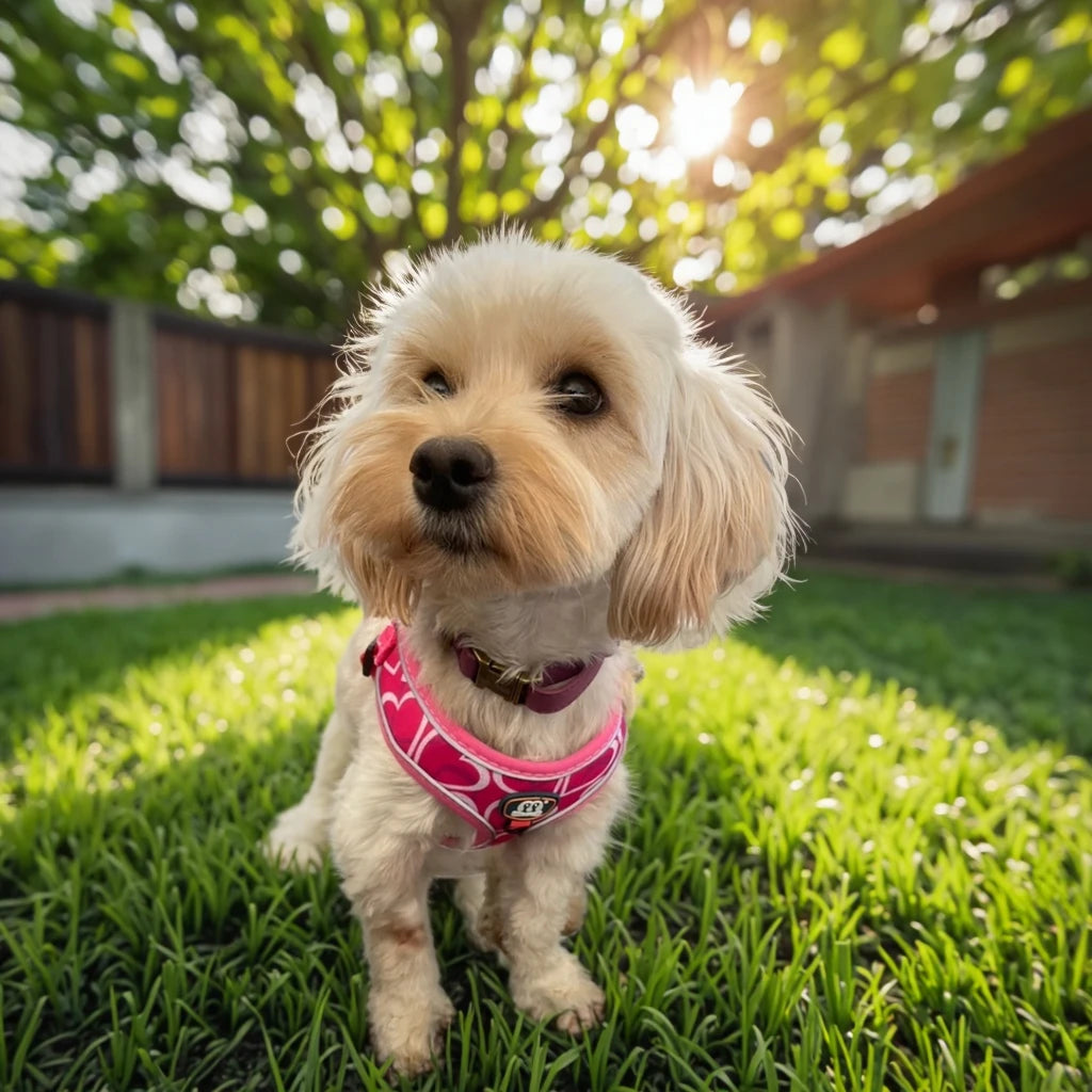 chien beige équipé d’un harnais avec laisse rose pour chien réglable et confortable