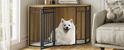 Cage design pour chien d’intérieur dans un salon moderne avec un chien blanc dans la cage