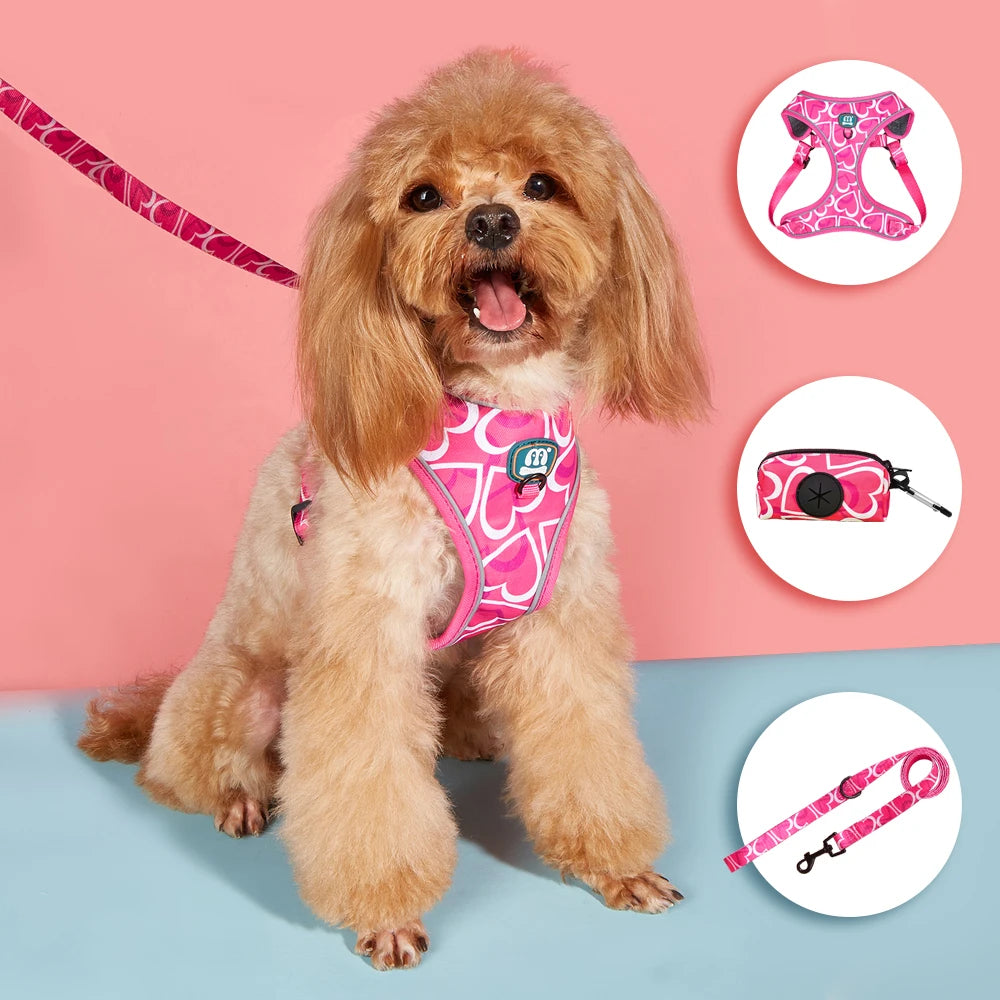 chien portant un harnais avec laisse rose pour chien et sac à déjections assorti