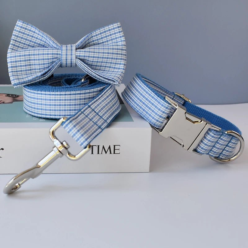 Collier à Carreaux Bleus pour Chien – Gravure Personnalisée & Laisse Coordonnée - Noble Truffe
