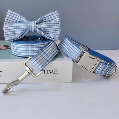 Collier à Carreaux Bleus pour Chien – Gravure Personnalisée & Laisse Coordonnée - Noble Truffe