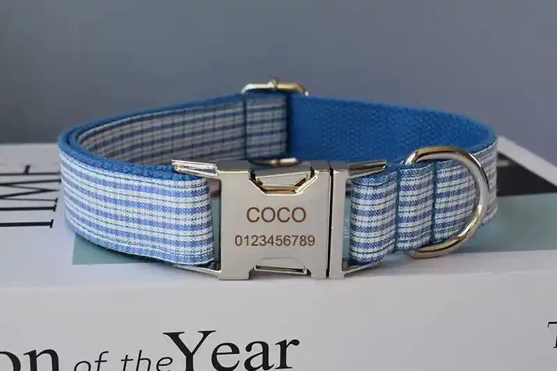 Collier à Carreaux Bleus pour Chien – Gravure Personnalisée & Laisse Coordonnée - Noble Truffe
