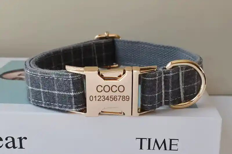 Collier à Carreaux Gris pour Chien – Gravure Dorée, Nœud Papillon & Laisse Assortie - Noble Truffe