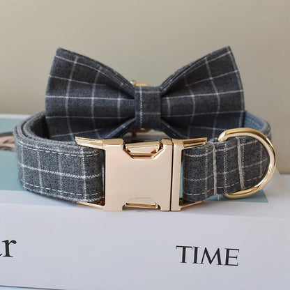 Collier à Carreaux Gris pour Chien – Gravure Dorée, Nœud Papillon & Laisse Assortie - Noble Truffe