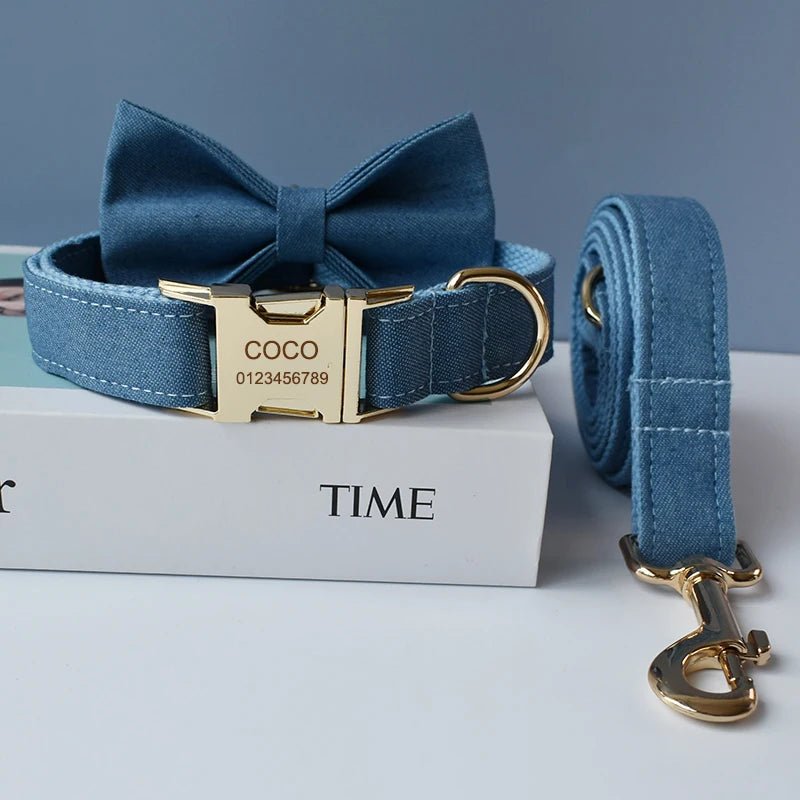 Collier Bleu Ciel pour Chien – Flanelle Douce, Gravure Personnalisée & Laisse Assortie - Noble Truffe