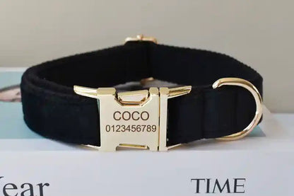 Collier Noir pour Chien – Flanelle Élégante, Gravure Personnalisée & Laisse Assortie - Noble Truffe