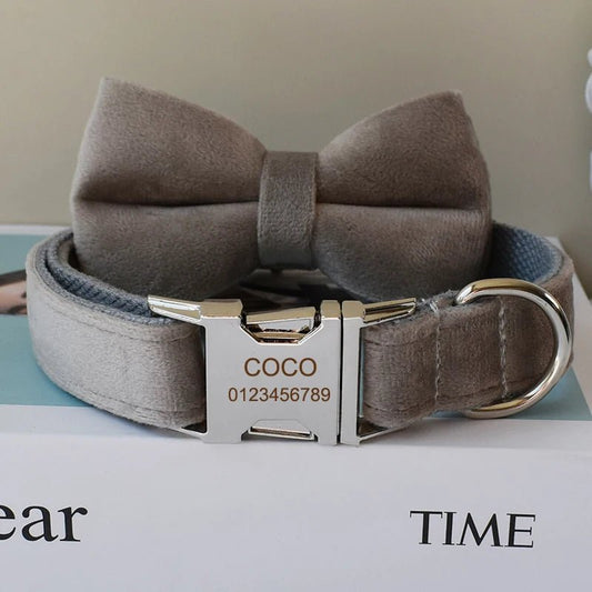 Collier personnalisé pour Chien Gris Clair en Flanelle – Gravure & Laisse - Noble Truffe