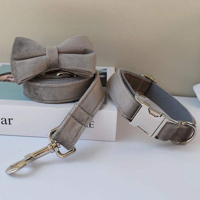 Collier personnalisé pour Chien Gris Clair en Flanelle – Gravure & Laisse - Noble Truffe