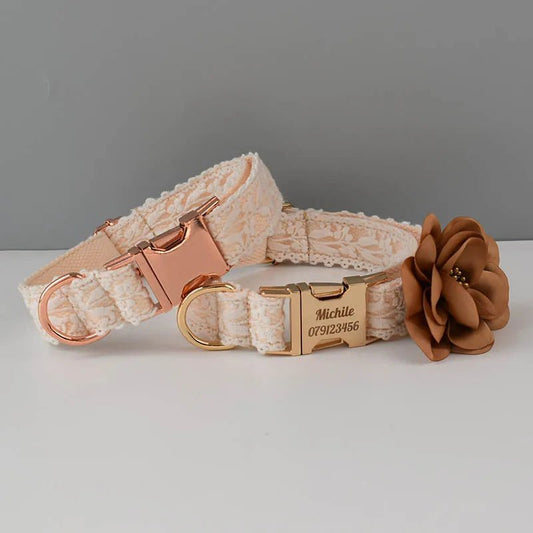 Collier pour Chien en Dentelle – Gravure Personnalisée, Fleur Amovible & Laisse Assortie - Noble Truffe