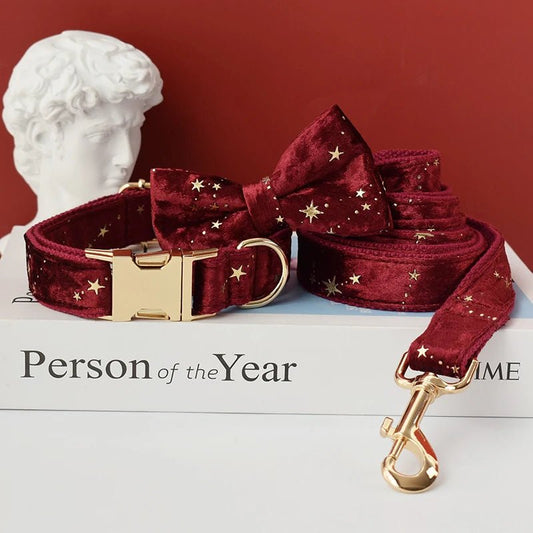 Collier Velours Rouge pour Chien – Gravure Personnalisée, Laisse & Nœud Papillon Étoilé - Noble Truffe