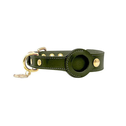 Collier vert olive pour chien avec support AirTag et finitions dorées de qualité.
