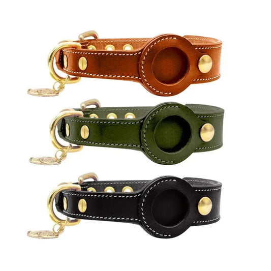 Colliers AirTag en cuir véritable pour chien, disponibles en camel, vert et noir avec boucle dorée.