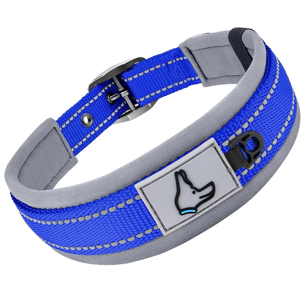 Collier bleu vif avec couture réfléchissante et fermoir sécurisé