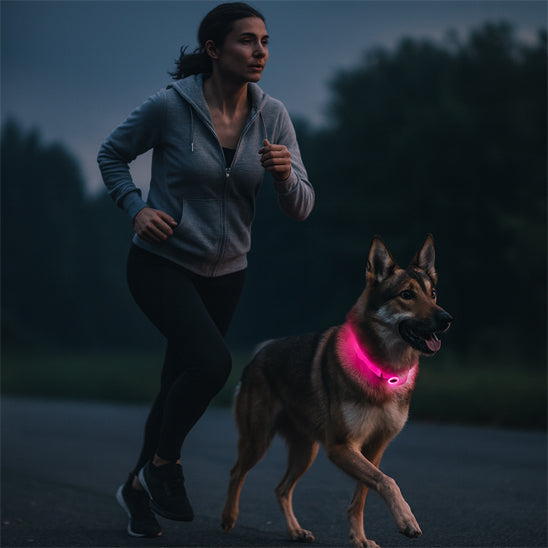 Chien en promenade de nuit avec son maître portant un collier pour chien LED rose