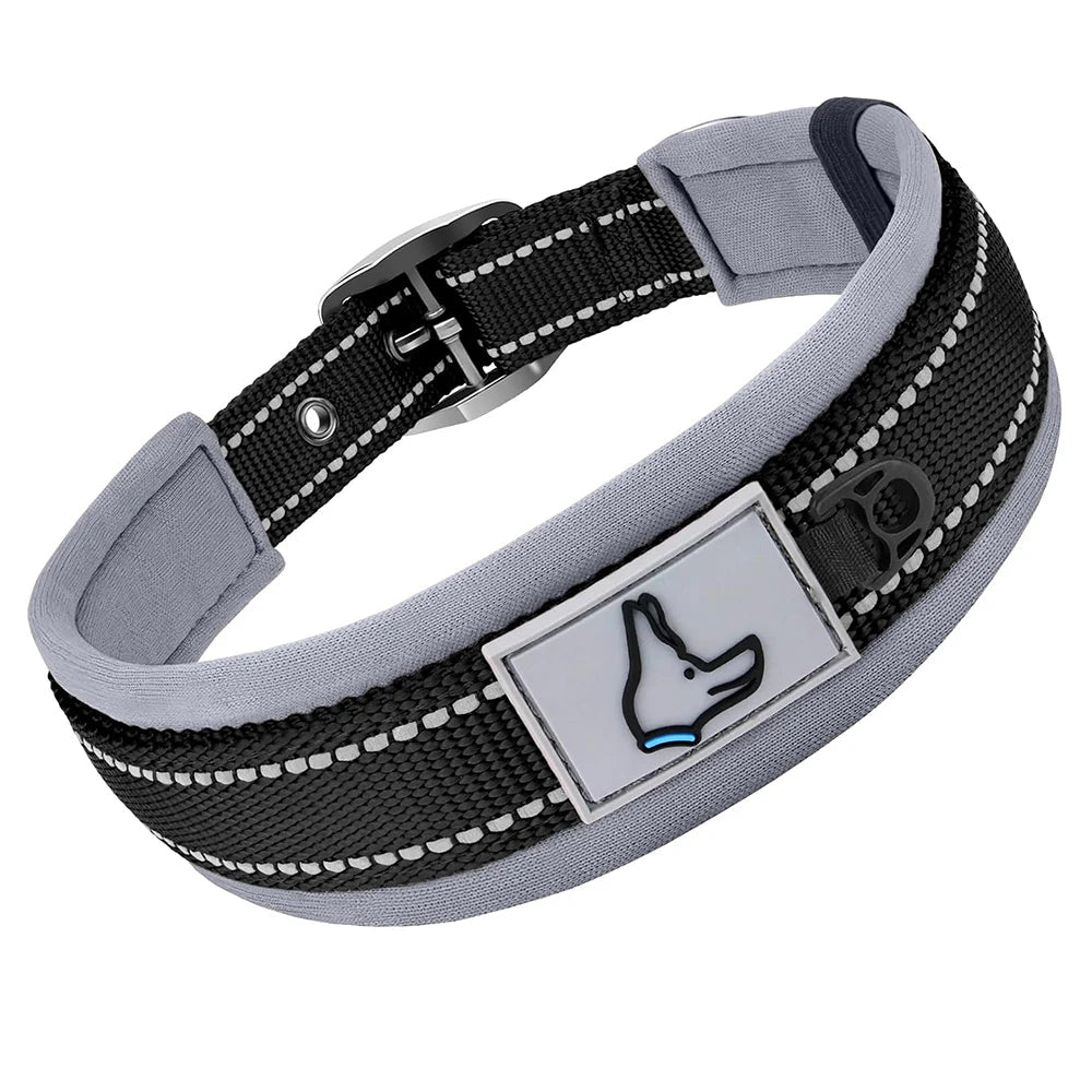 Collier noir pour chien avec surpiqures réfléchissantes et logo