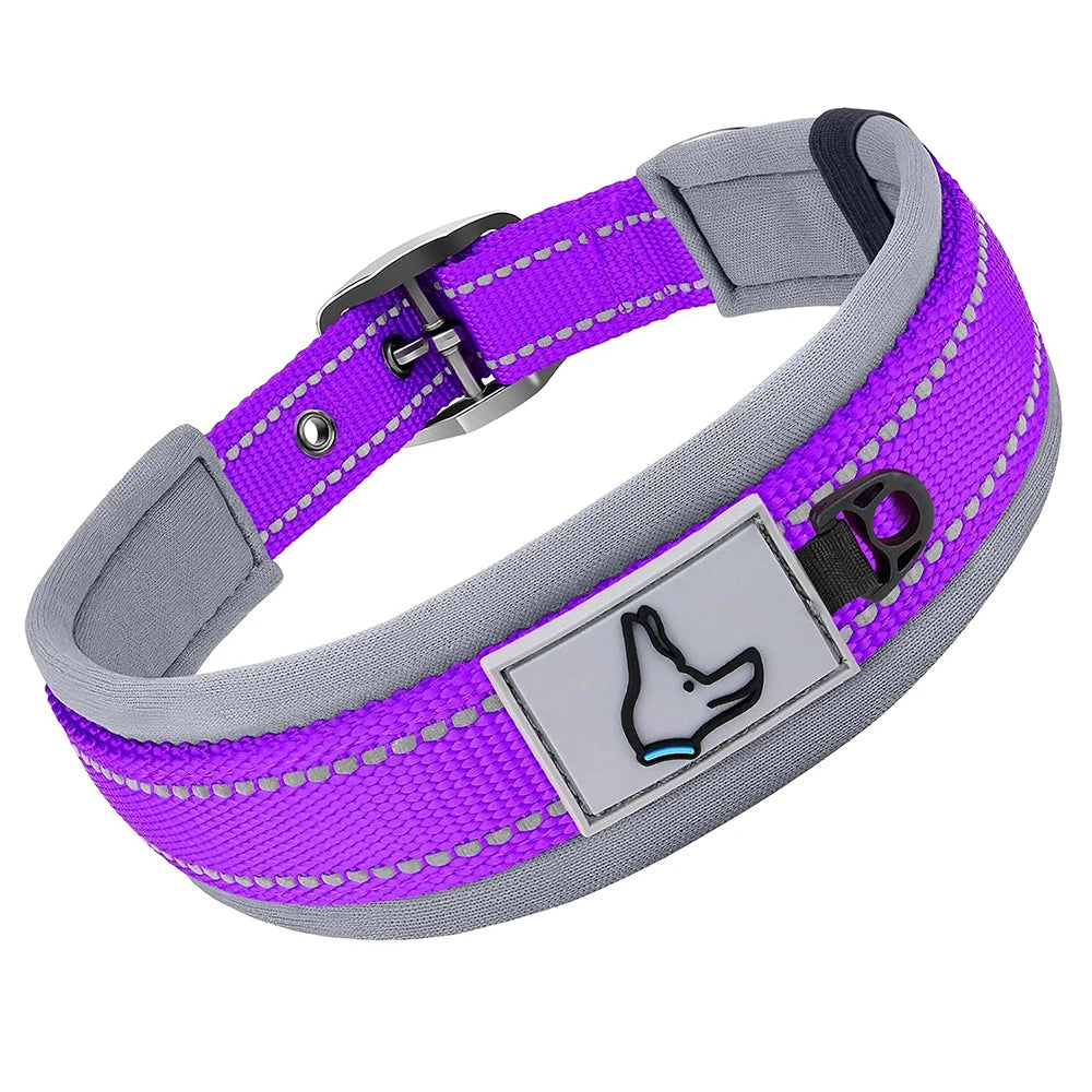 Collier en tissu violet avec bande réfléchissante et boucle plastique