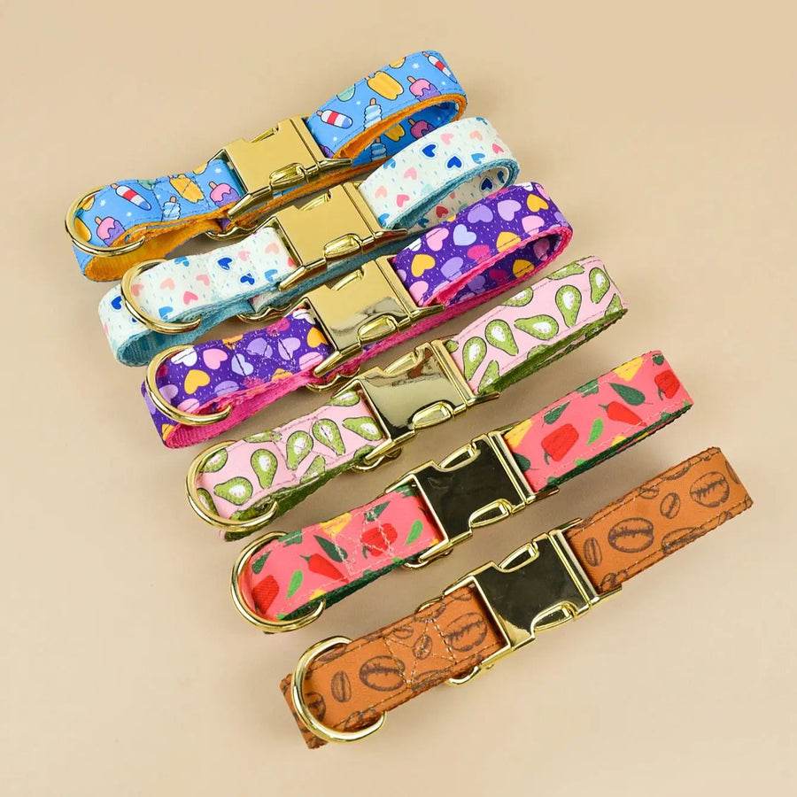 Ensemble de colliers chien à motifs colorés avec boucles dorées et design élégant.