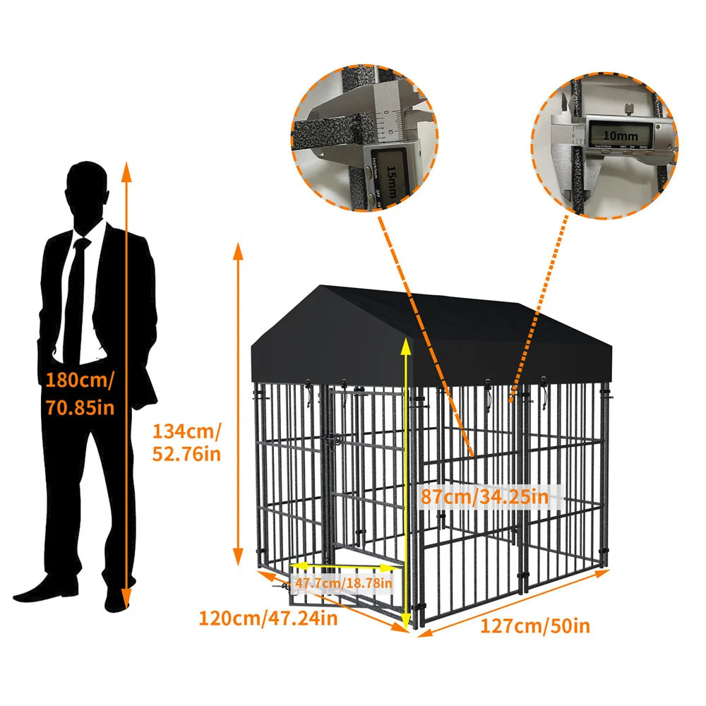 Vue comparative entre deux tailles d’enclos pour chien, illustrée avec un homme debout.