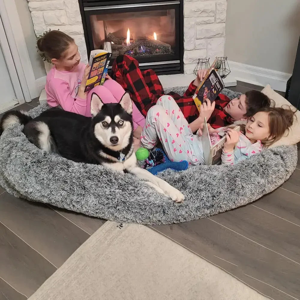 coussin chien xxl un chien et deux enfants à l'intérieurs