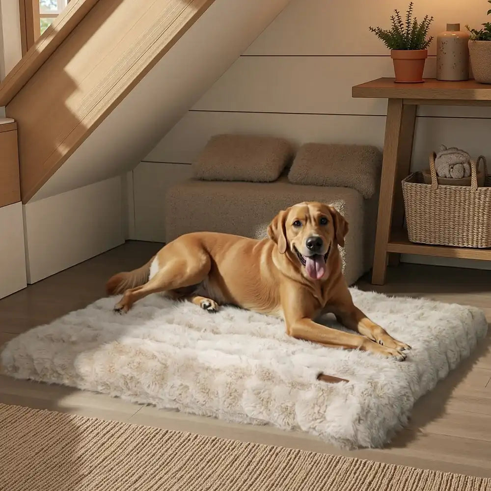 Labrador allongé sur un coussin mémoire de forme beige grande taille dans un intérieur cosy