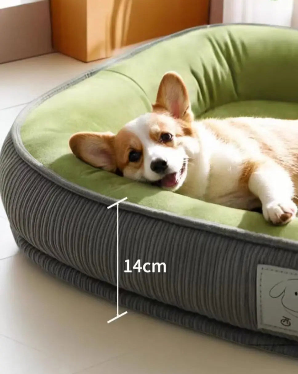 Chien noir et blanc couché dans un coussin pour chien lavable disponible en plusieurs coloris.