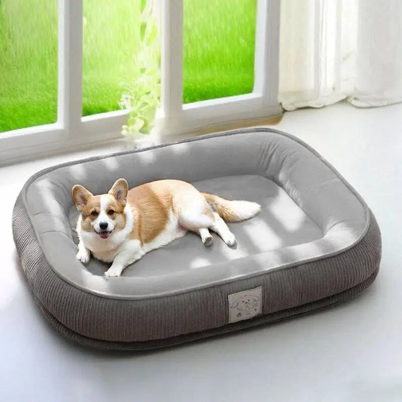 Chien de petite taille couché dans un coussin pour chien lavable gris et vert, adapté aux siestes quotidiennes.