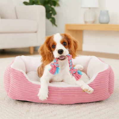 chien blanc allongé dans coussin chien velours rose doux