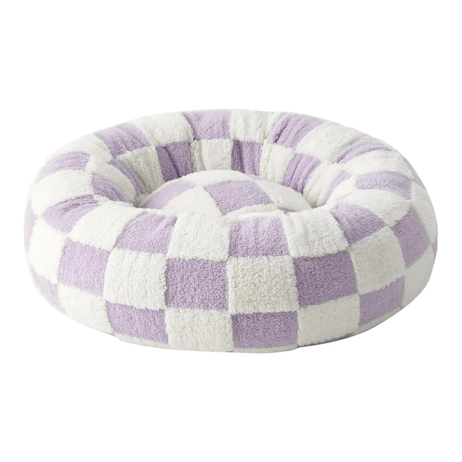 Coussin rond pour chien motif carreau violet – lit douillet et lavable