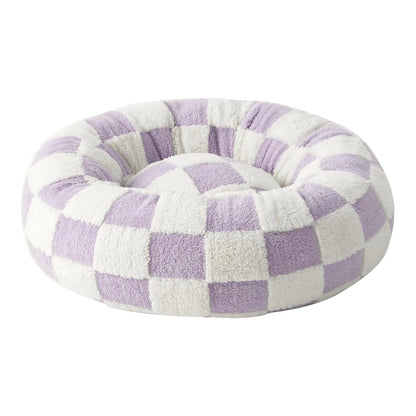 Coussin rond pour chien motif carreau violet – lit douillet et lavable