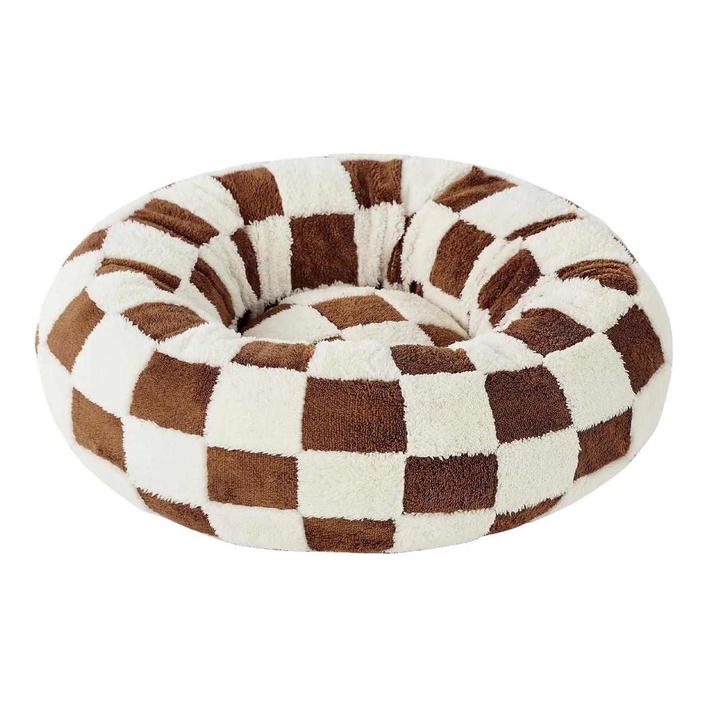 Coussin pour chien motif damier marron et beige – lit cocon doux et stylé