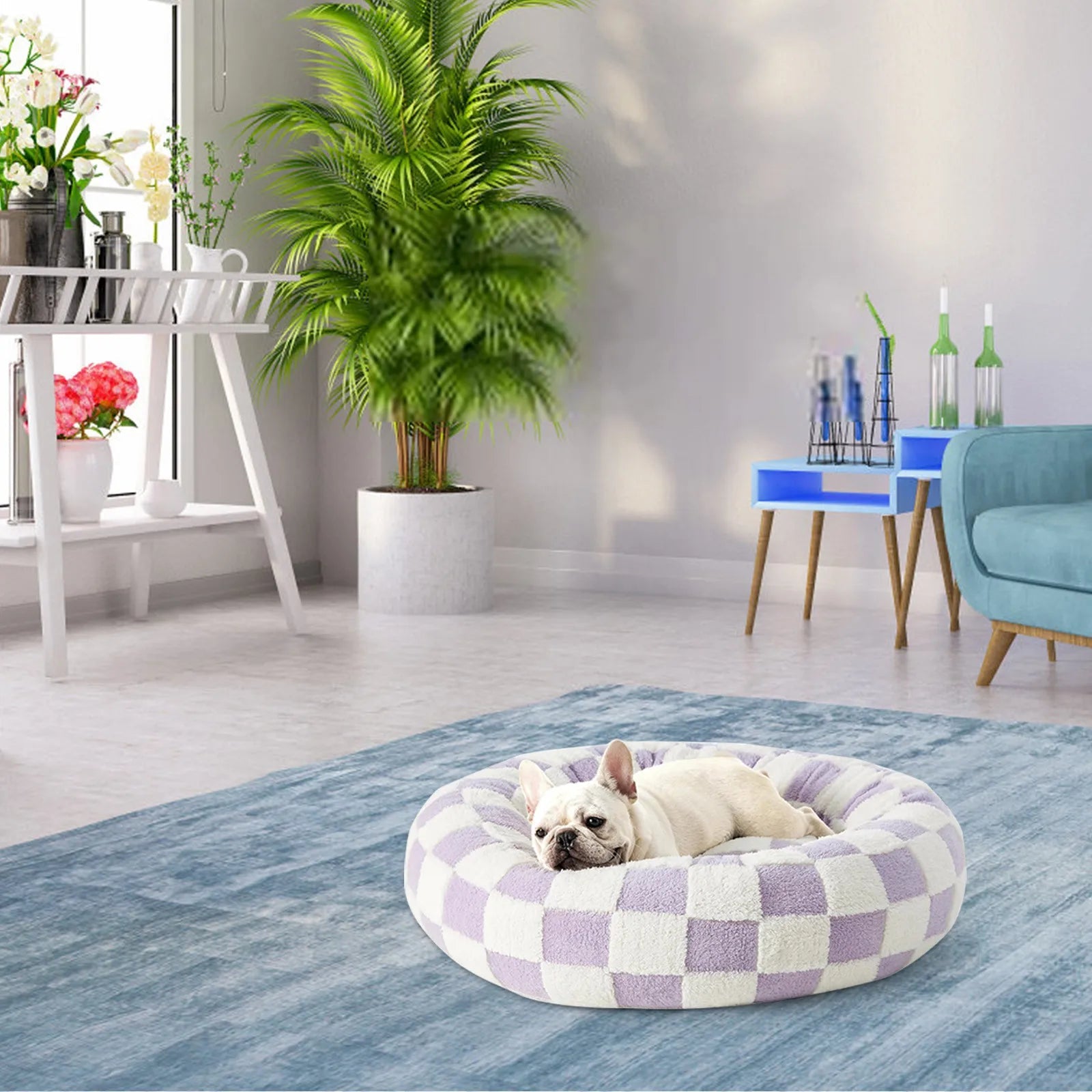 Coussin rond pour petit chien lavande – design cosy pour intérieur tendance
