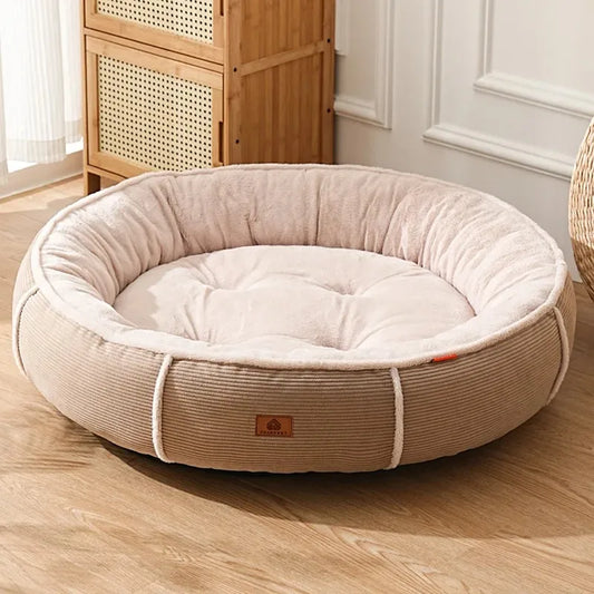 Coussin rond pour chien en velours côtelé beige avec rembourrage épais, idéal pour petits chiens.