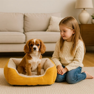 deux petits chiens assis dans des coussins chien velours beige et gris