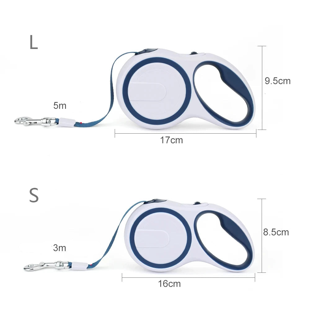 Schéma des tailles disponibles pour laisse enrouleur pour chien, version S et L avec dimensions
