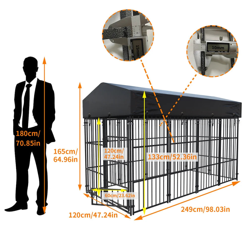 Représentation des dimensions de l’enclos pour chien comparées à la taille d’un adulte.