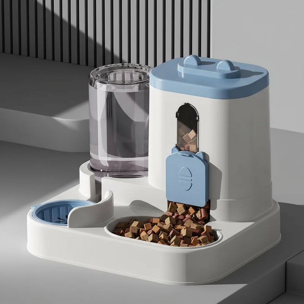 chien mange dans distributeur de croquettes bleu