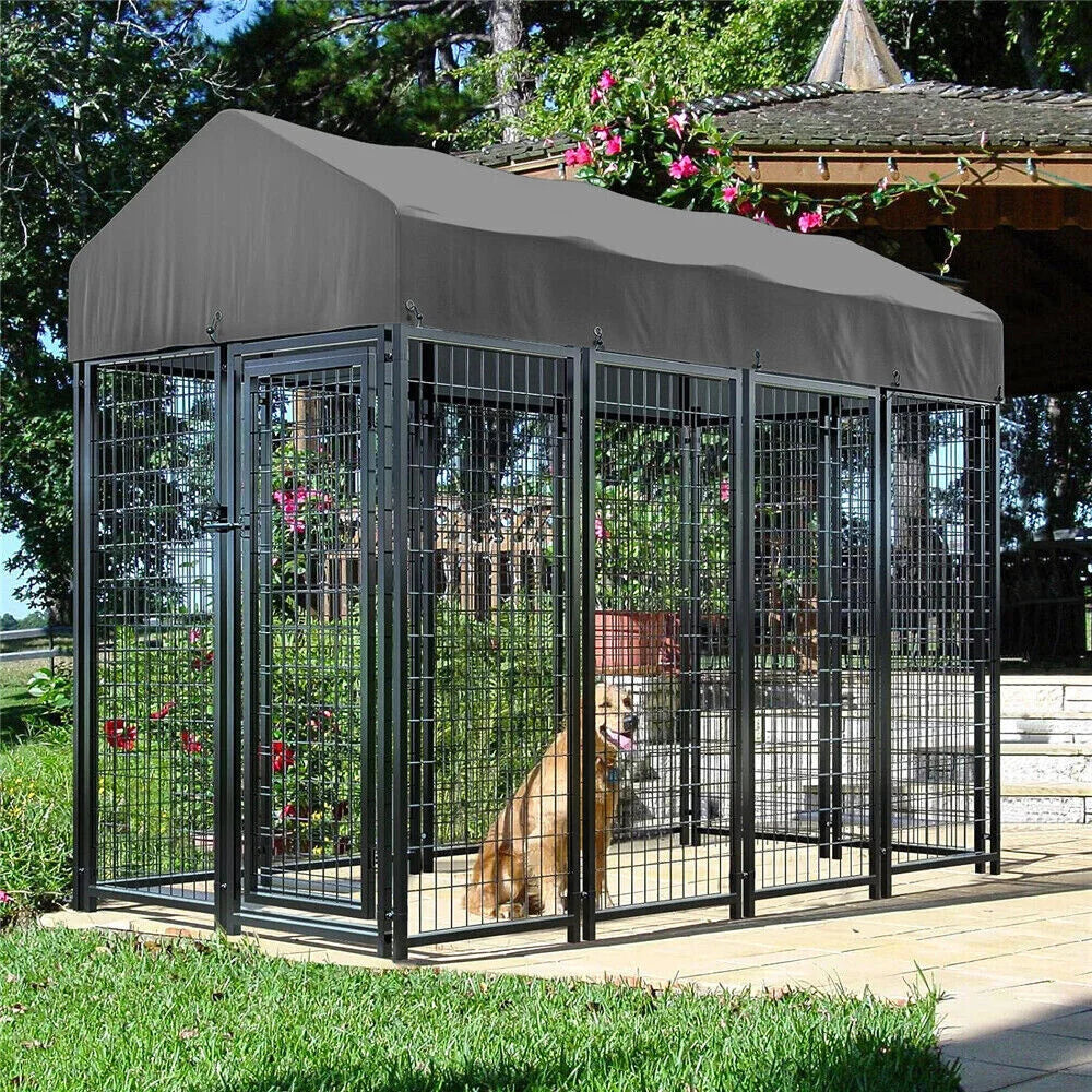 Grand enclos en métal noir pour chien avec toit imperméable, idéal pour jardin et extérieur.