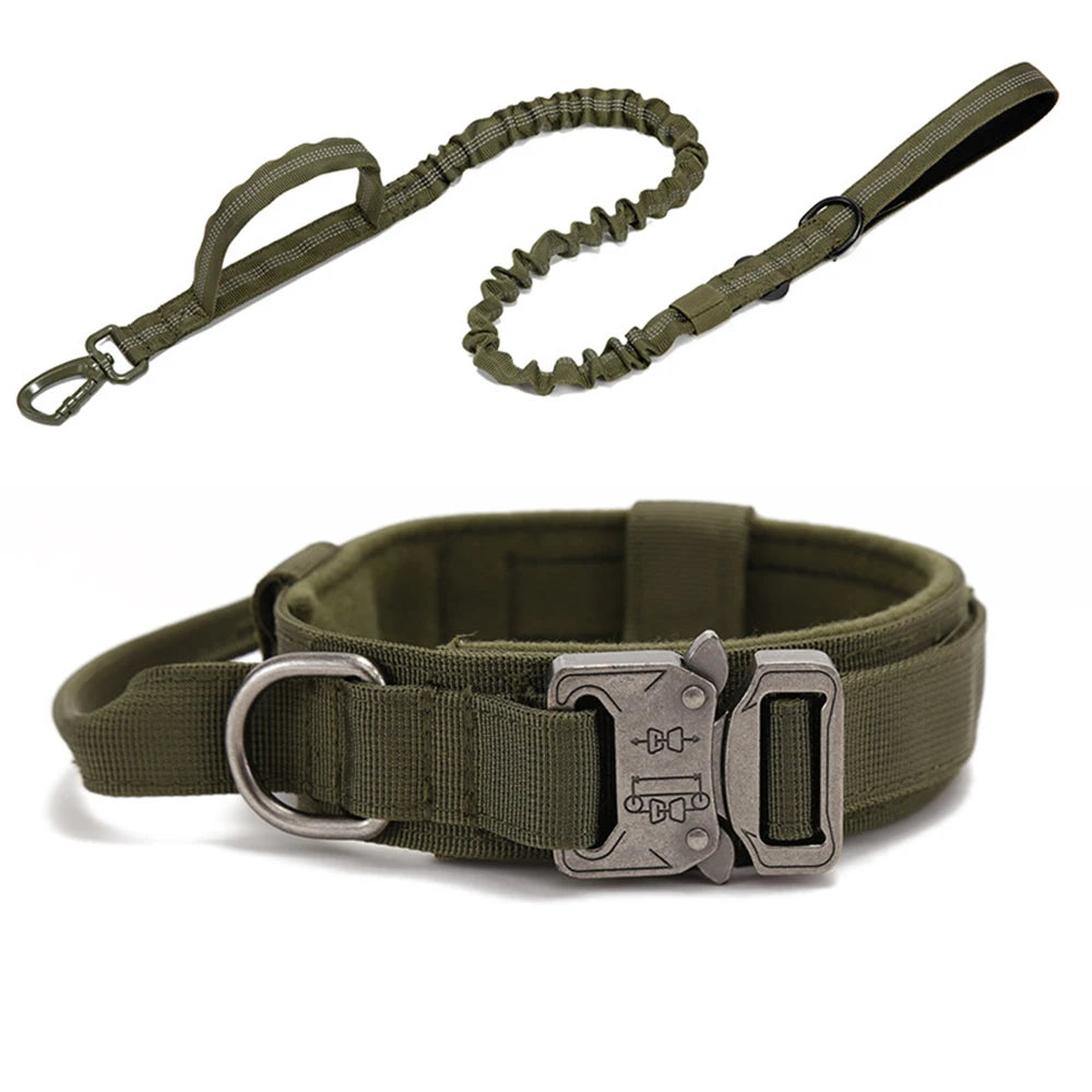 Set complet laisse anti choc et collier chien tactique kaki – pour gros chien.