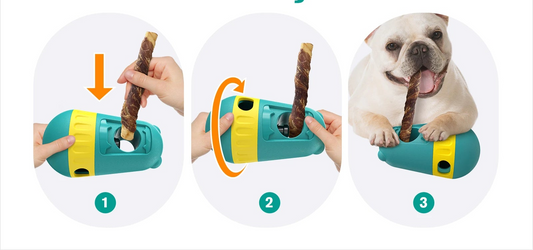 Détail en 3 étapes, comment fixer les sticks dans le distributeur de friandises avec un système de vis. Les chiens adorent quand c'est bien fixe. 