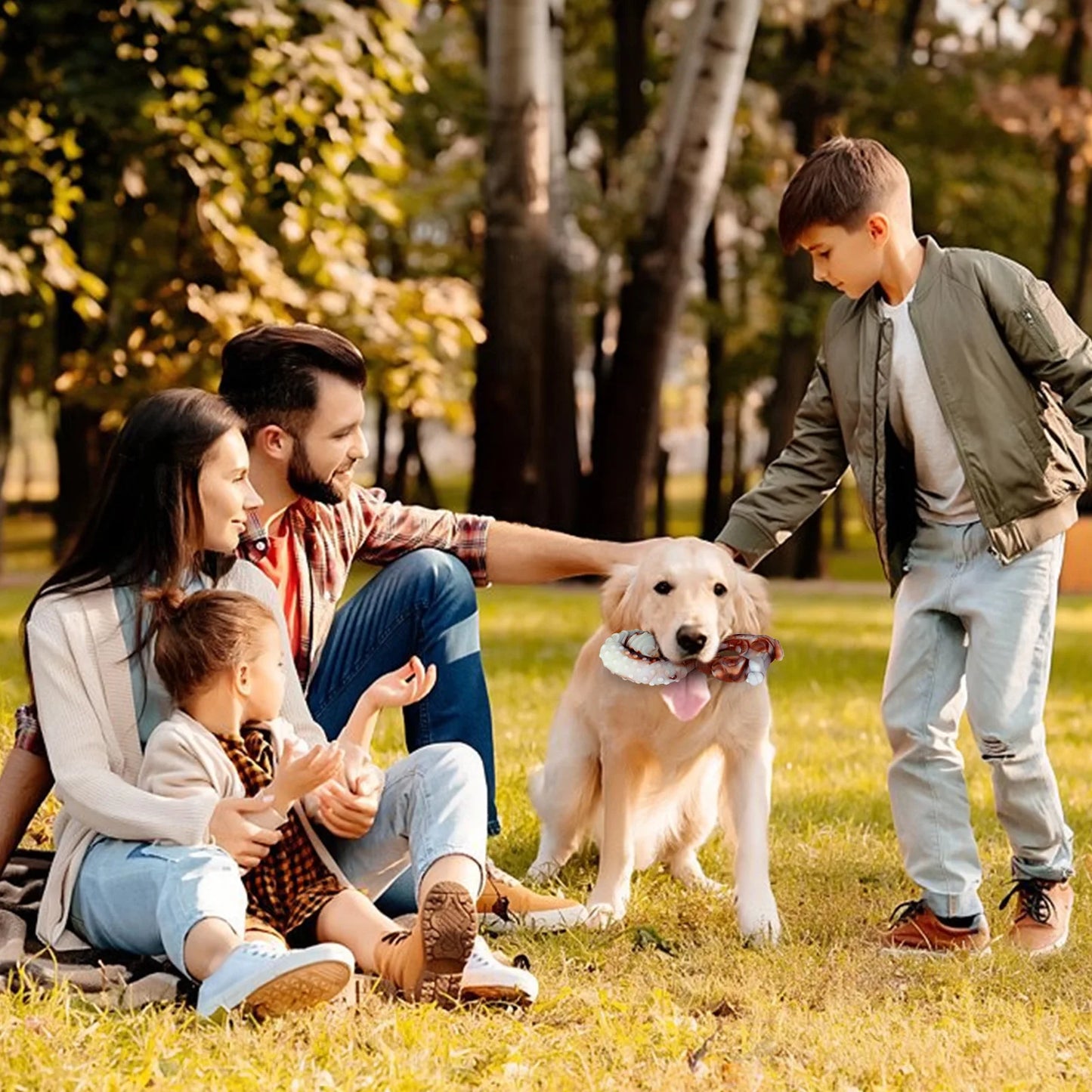 Famille jouant avec leur chien et un jouet à mâcher en plein air