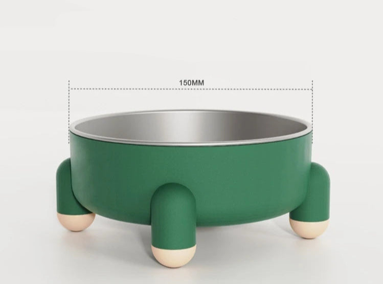 Gamelle démontée montrant le bol inox séparé du support vert antidérapant.