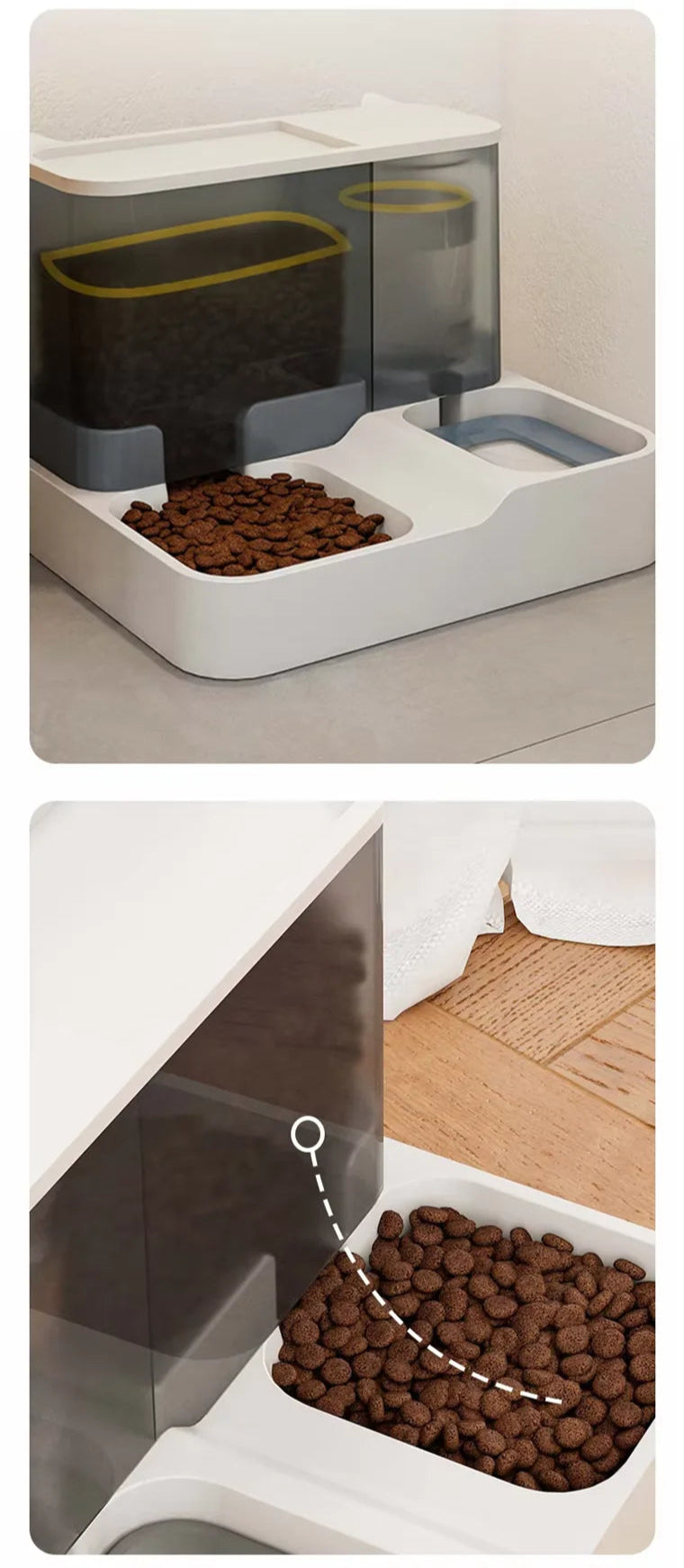 Bol automatique blanc pour chien avec deux zones distinctes pour nourrir et hydrater.