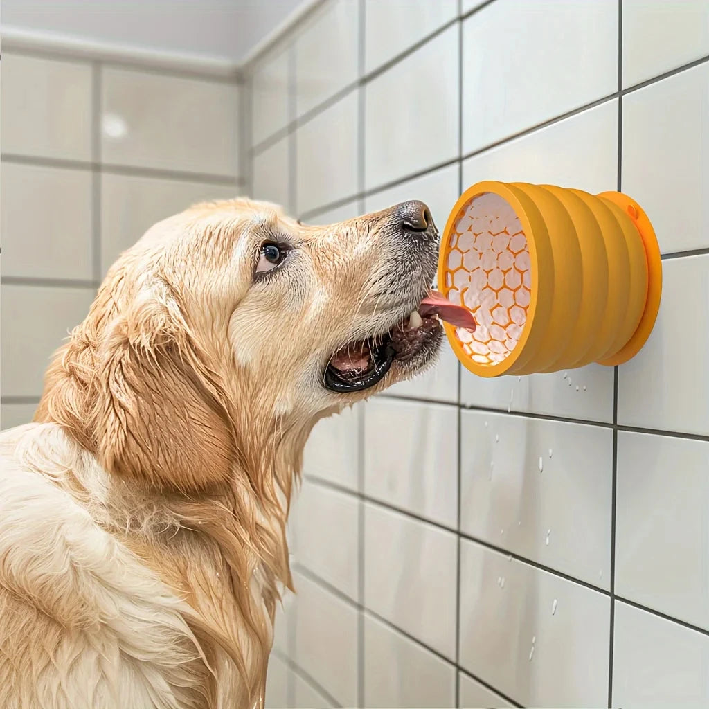 Chien léchant sa gamelle fixée au mur avec une ventouse, pratique pour les douches ou distractions.