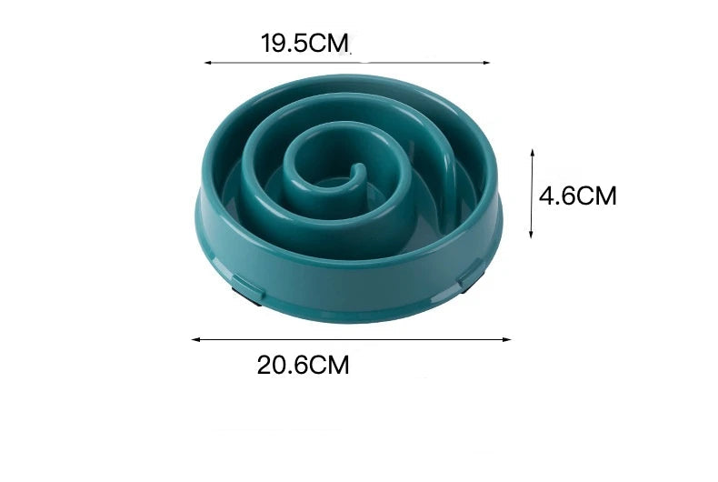 Dimensions de la gamelle anti-glouton spirale : 20,6 x 19,5 x 4,6 cm affichées sur fond blanc.
