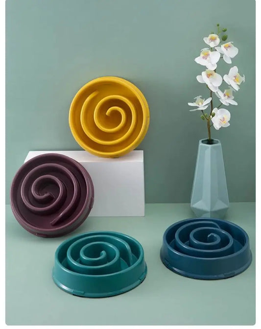 Gamelles anti-glouton en forme de spirale, exposées dans quatre couleurs différentes à côté d’un vase.